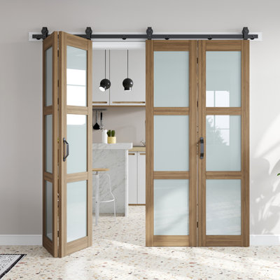 3-Lite 84" Frosted Glass Bi-fold Barn Doors Double Doors with Installation Hardware Kit