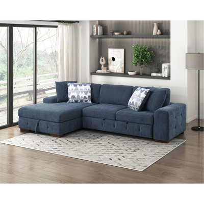 Mobilier de salon bleu modulaire en bois chenille capitonné 2 pièces avec méridienne gauche