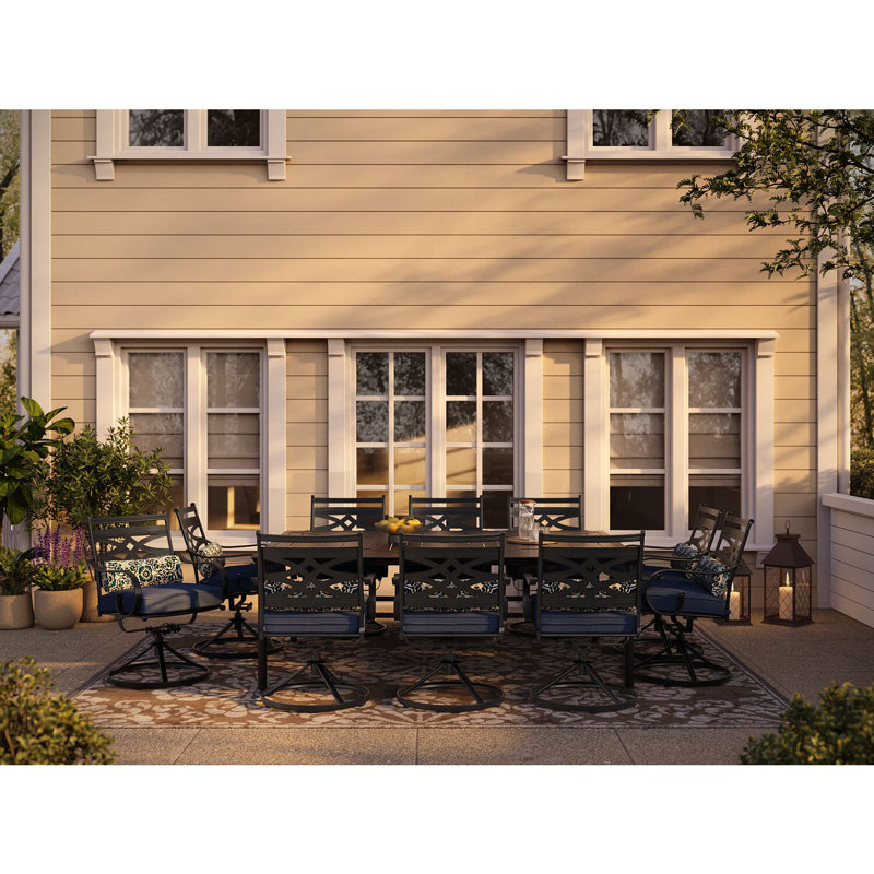 Elmfield 10 - Person Metal Patio Dining Set with Rectangular Table , Cushions Included, Navy Blue