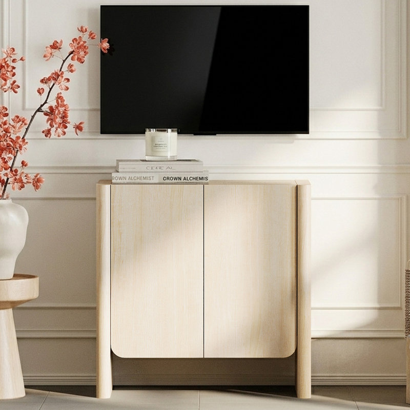 Meuble télé Glorian en bois français moderne avec bords arrondis, tablette de réglage et ouverture à pression pour téléviseur de 36 po, beige