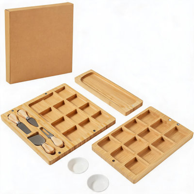 Ensemble de plateaux à charcuterie et de fromages polyvalents 3 en 1 - Grand plateau de service avec couteaux en acier inoxydable et 2 bols en céramique - Parfait pour la pendaison de crémaillère. Mariage. Cadeaux des Fêtes - couleur bois