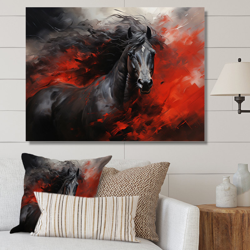 Red Red Horse Vibrant Red Equine I - Art mural cheval pour le salon, H 34 po x l 44 po x P 1,5 po, Toile tendue