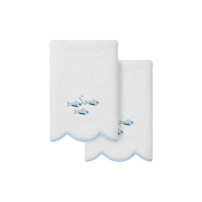  100% Turkish Cotton FISH SCHOOL Scallop 2PC Embellished Fingertip Towel Set, White/Blue, Finger Tip Towel - 2 Pack