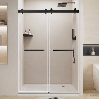 50-54" W x 76" H Frameless Double Sliding Shower Door, Premium 1/4" (6mm) Thick Tempered Glass With Explosion-proof Film, Stainless Steel, Matte Black