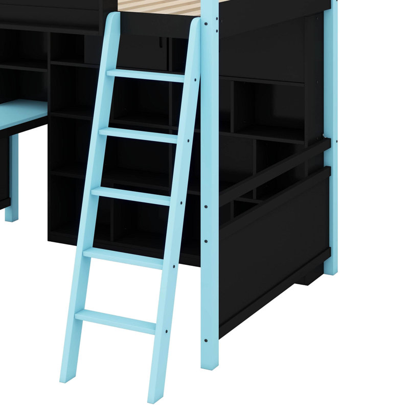 Wood Loft Bed With Desk & Storage, Built-In Bookshelf And LED Lighting For Kids Teens Adults, Blue