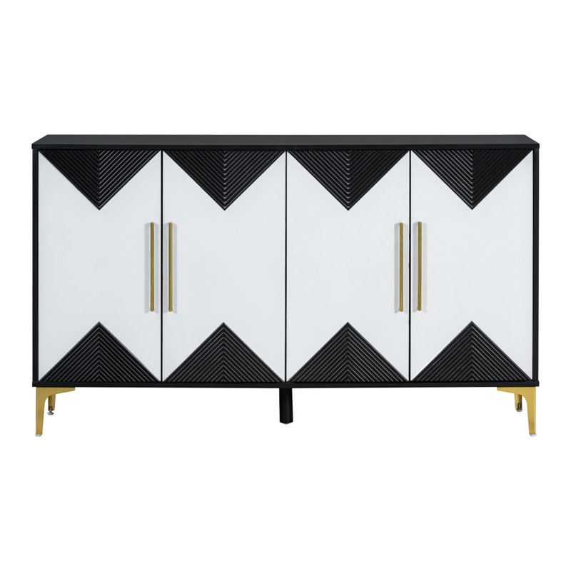 Elegant Four-door Storage Unit - With Adjustable Shelves & Charm Sideboard With Triangular Pattern Two-tone Look, Black/White