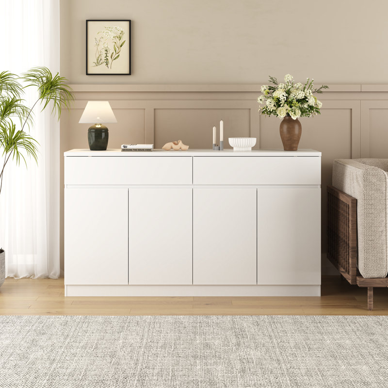 Buffet avec rangement, grande armoire de rangement avec 2 tiroirs et 4 portes, table basse en bois pour la salle à manger, blanc
