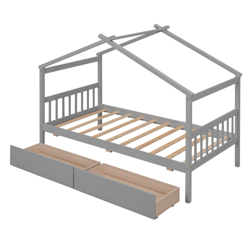 Lit simple en bois avec tiroirs, gris, Gris