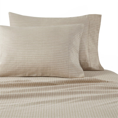 4-Piece Cal King 100% Cotton Printed Sheet Set,Beige/White Stripes