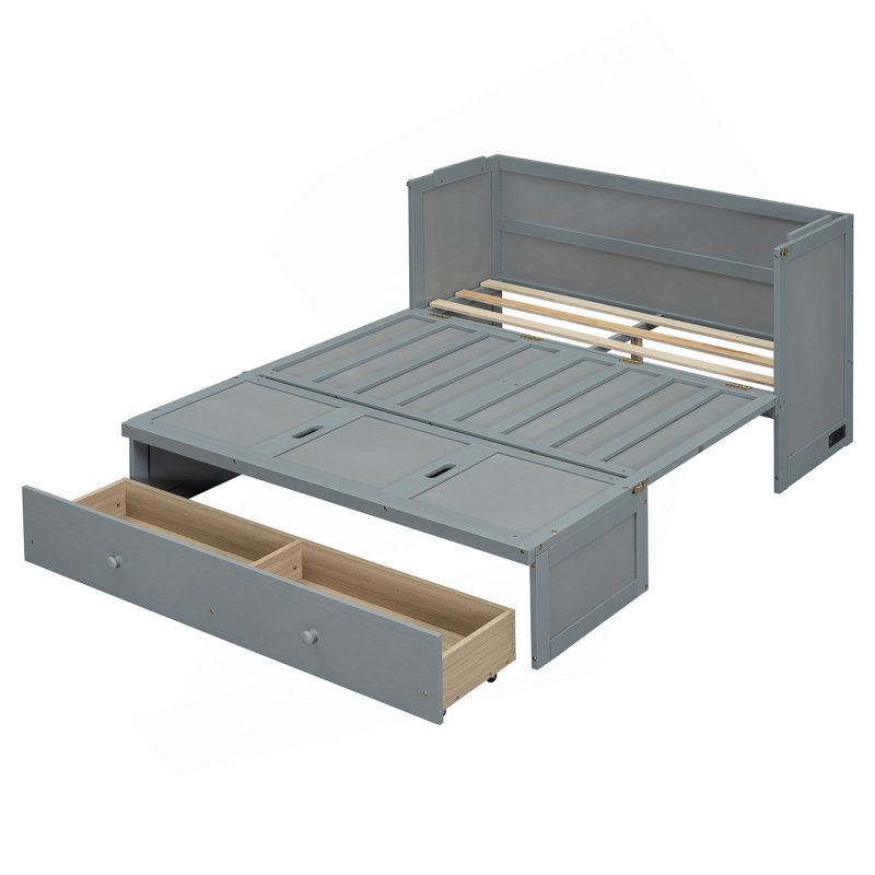 Lit escamotable double avec port USB et grand tiroir, gris, Gris