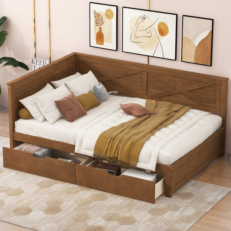 Lit de jour simple en bois avec 2 tiroirs et garde-corps rustique, Brun