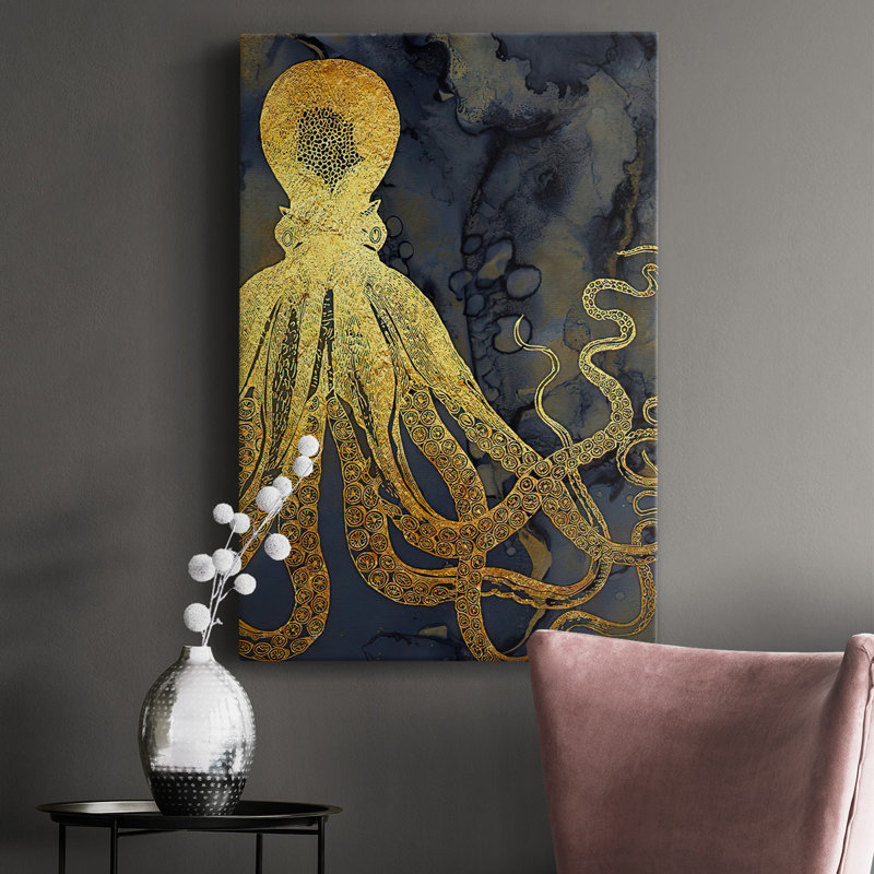Octopus Ink Gold & Blue I, toile tendue avec châssis de qualité supérieure - prête à être accrochée