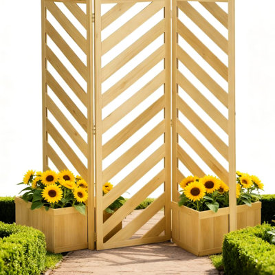 Paravent extérieur à charnière autoportant à trois panneaux avec treillis et quatre pots de fleurs autodrainants. Idéal pour créer un espace pittoresque avec des boîtes de soutien pour les légumes. Parfait