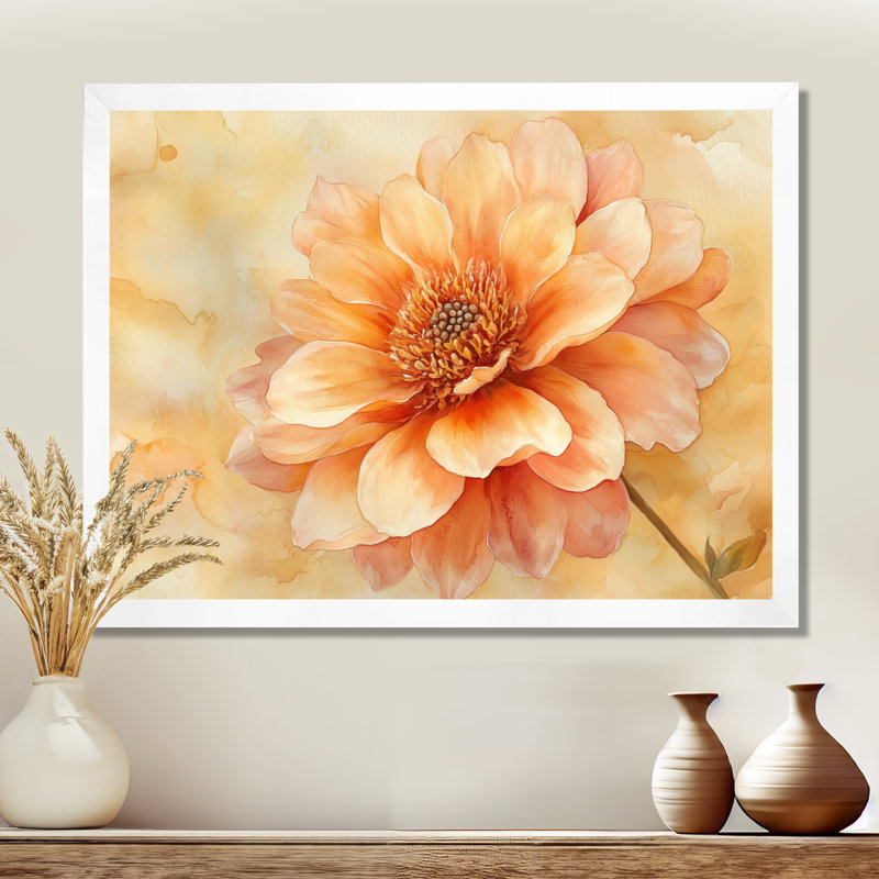 «Earth Tone Floral Dahlia I», art mural encadré botanique orange, H 34 po x l 44 po, White Picture Framed