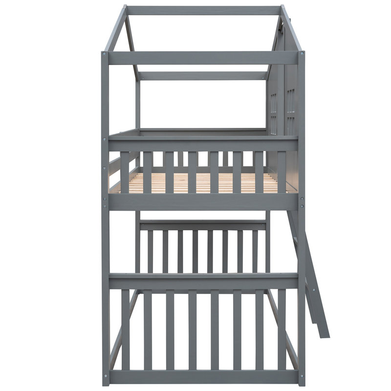 Wood Twin Over Twin House Bunk Bed with Ladder and Safety Guardrail