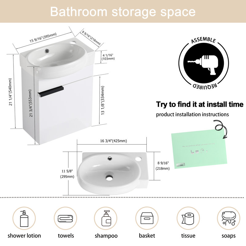 Ensemble de meuble-lavabo mural simple 16 po avec lavabo en céramique Derwent, Blanc/Noir