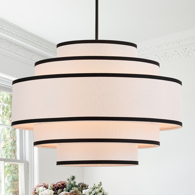 Lustre tambour 6 lumières en lin moderne, 6 niveaux, Six lumières, Noir mat