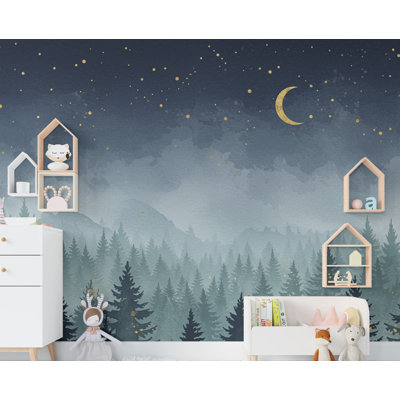 Magique nuit forêt papier peint aquarelle murale avec étoiles de lune forêt enchantée art mural pour chambre d'enfant ou salon 665RS (Peel-N-Stick) RS665
