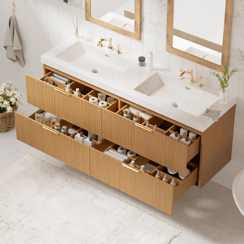Double Bathroom Vanity With 4 Drawers, Floating Wall-Mounted Storage, Fluted Face With Gold Handles, Contemporary Modern, Primary Bathroom Or Guest Suite