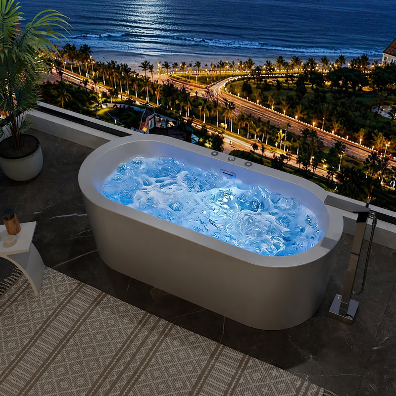 Baignoire autoportante Casainc 67 po en acrylique avec bonde centrale, bain à remous et à bulles d'air, éclairage DEL 7 couleurs et 10 jets réglables
