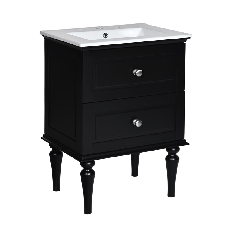 Ensemble de meuble-lavabo 24 po avec lavabo en céramique, armoire de rangement moderne avec 2 tiroirs, cadre en bois massif, noir