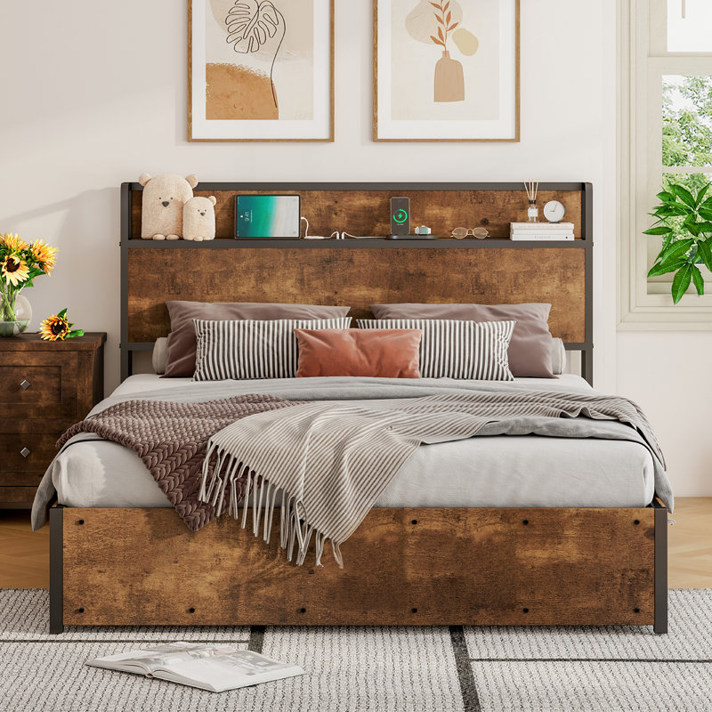 Lift Up Storage Wood Bed with Charging Station, Rustic Brown, Full
