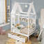 Lits doubles avec tiroirs de rangement et fenêtres, lit pour tout-petit avec structure en bois massif et tablettes. Un design ludique en blanc clair-488215983-488215977