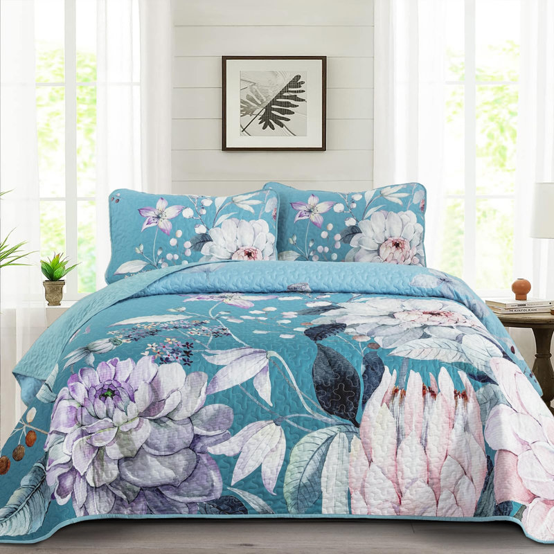 Ensemble de literie à motif floral 3 pièces pour 3 saisons, Courtepointe très grand et 2 très grandes taies, Bleu aqua