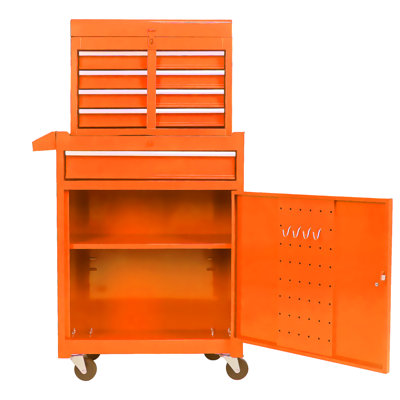 Workshop Tool Cabinet With Lockable Wheels & 6 Setting Holes - Orange Multifunctional Handles Garage