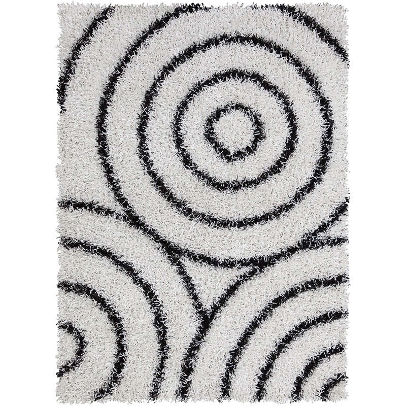 Tapis blanc/noir à fait main géométrique poils longs Deborah, 5 pi x 7 pi