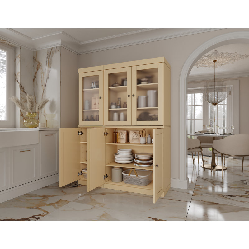 100% Solid Wood 48.5" Pantry China Cabinet, Frosted Glass Doors, Yellow