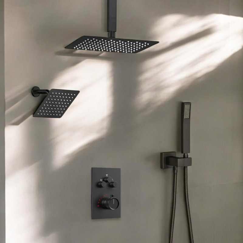 Système de douche thermostatique complet avec valve brute à bouton avec 3 pommes de douche, Noir mat