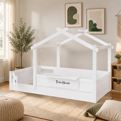 Lit simple au sol avec garde-corps et toit, lit pour enfant avec petit plateau intégré et enseigne à installation gratuite, conception enfantine, blanc
