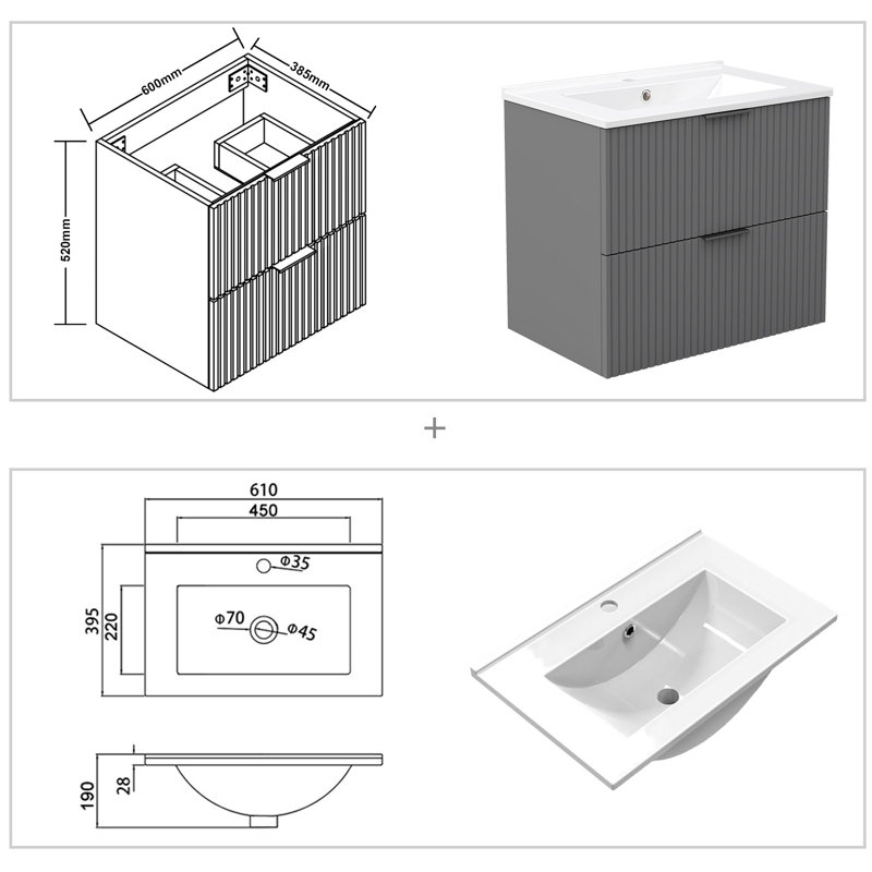 600mm Single Bathroom Vanity with Integrated Ceramic Basin