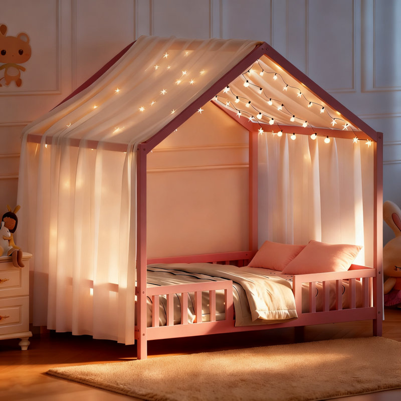 Low House Style Bed With Curtains, Twin, Pink
