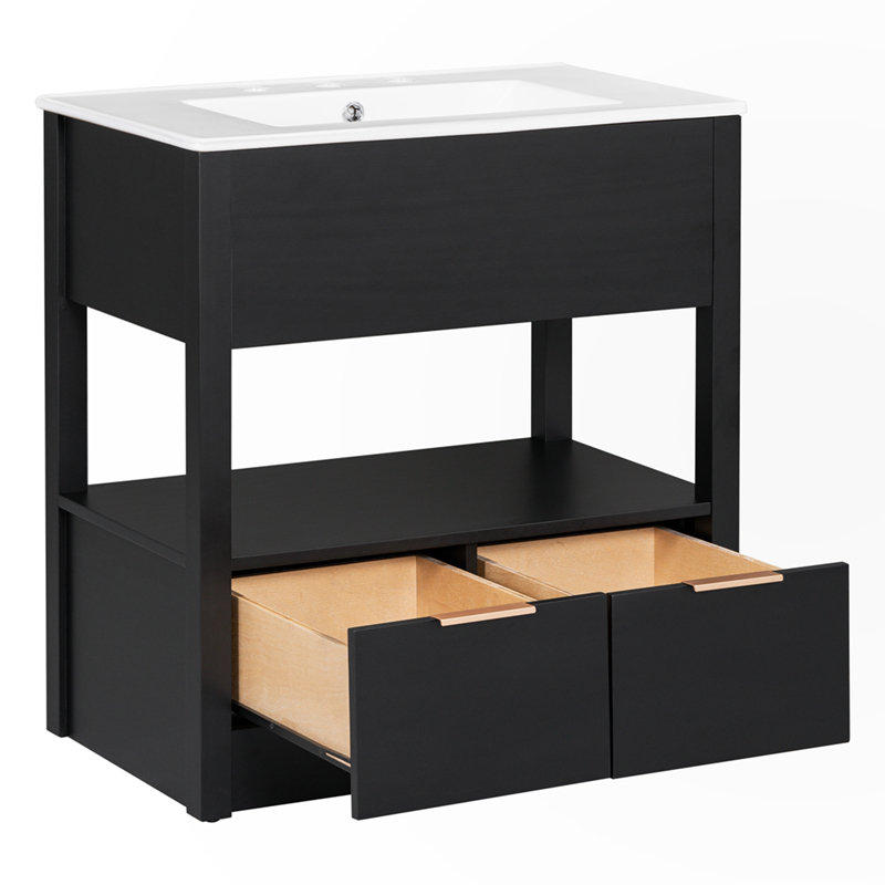 Armoire de salle de bain avec tablette de rangement ouverte, Noir