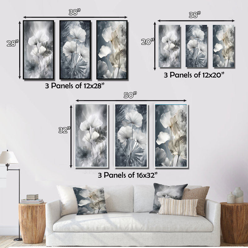 3 pièces sur toile - Art de palmier tropical pour art ginkgo, Cadre flottant blanc, H 28 po x l 36 po