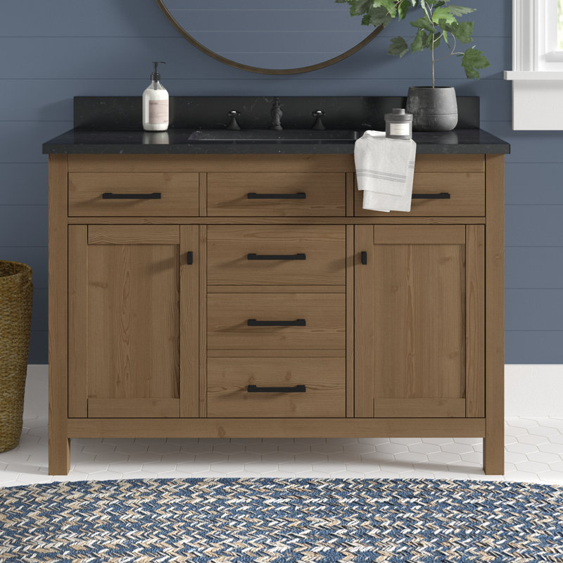 Ajiya 48" Single Bathroom Vanity, Textured Natural/Matte Black, Blue Limestone