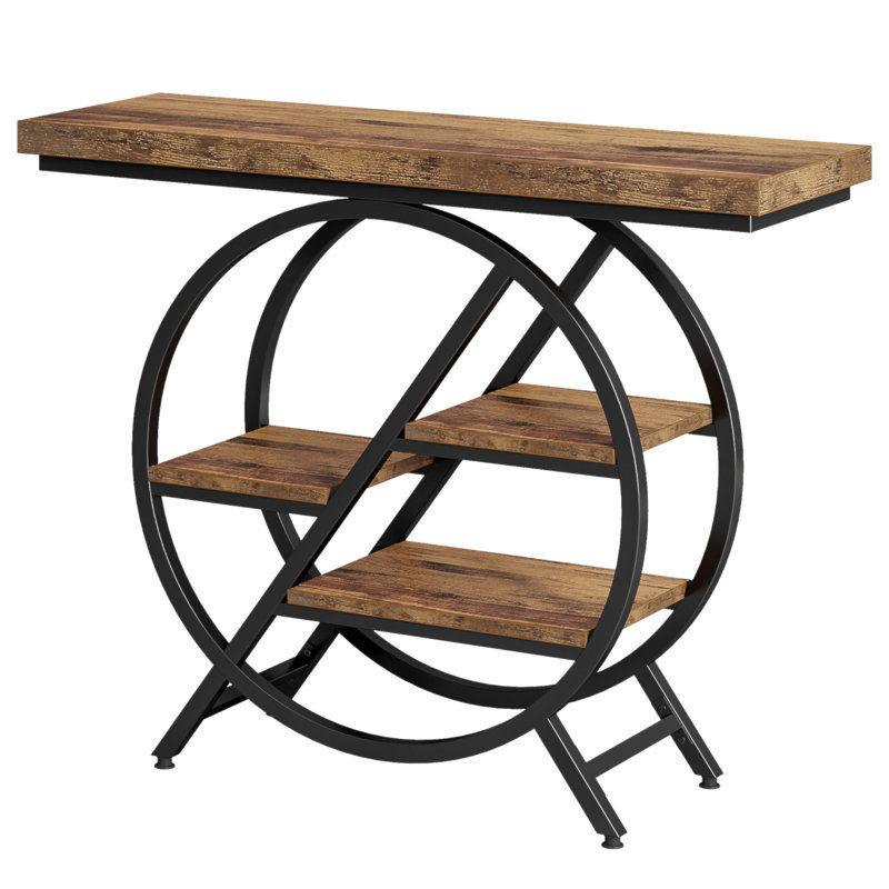 39.4" Industrial 4-Tier Entryway Console Table With Geometric Circle Metal Frame & Storage Shelves - Rustic Brown Accent Sofa Table For Living Room & Hallway