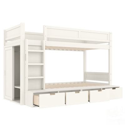 Lit superposé avec 4 tiroirs de rangement, construction en bois massif et garde-robe intégrée, garde-corps pleine longueur, aucun sommier nécessaire
