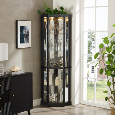 Vitrine de coin lumineuse - Vitrine élégante en verre pour le rangement du salon et du bar - Parfait pour les collections antiques et le vin - Comprend un éclairage intégré - Noir