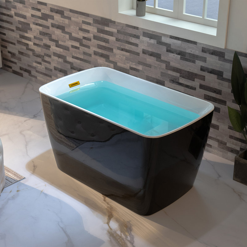 48'' Freestanding Air Soaking Acrylic Rectangular Black Bathtub with Integrated Seat,Non-Slip Design, Brushed Gold