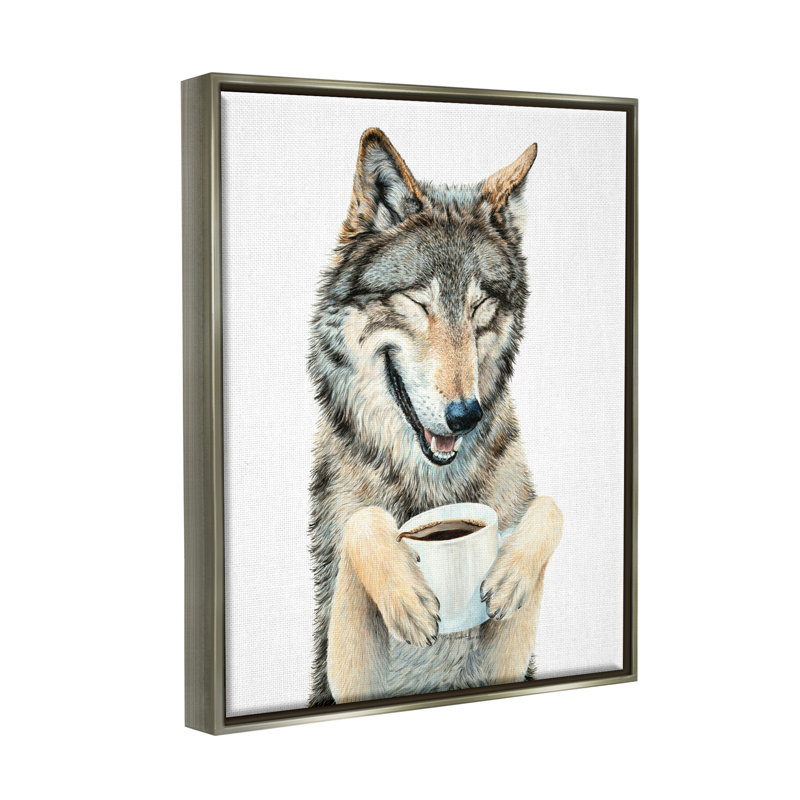 «Laughing Wolf with Coffee» par Holly Siment - cadre flottant, impression sur bois, H 31 po x l 25 po x P 1,7 po