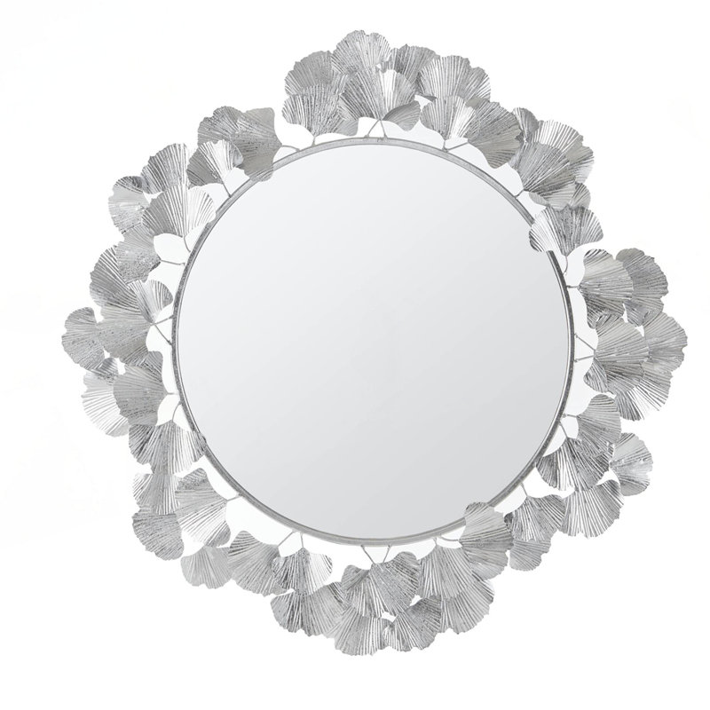 30.5"Eden Gingko Leaf Round Wall Mirror, Silver