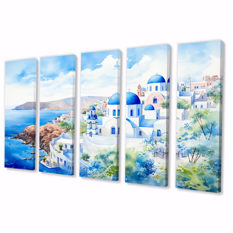«Grèce Santorini Landscape II - Grèce», art mural 5 pièces, H 28 po x l 60 po