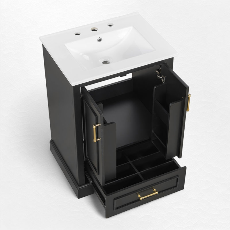 24" Single Bathroom Vanity With Ceramic Top, Black