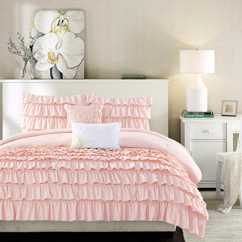 Édredon pour lit simple / simple Blush Blush avec volants et coussins, Édredon pour lit simple / simple TG + 4 pièces s