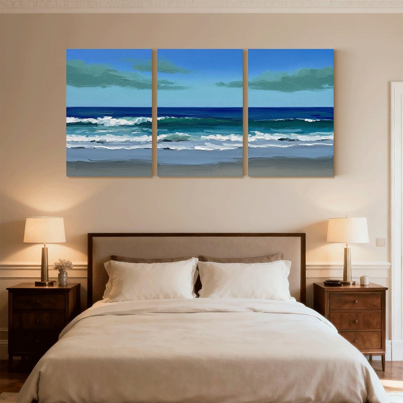 Nautique et plage, océan, vagues, ciel, nuages, plage, sable, eau, ensemble de 3 impressions sur toile, H 30 po x l 60 po
