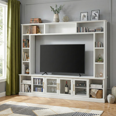 Meuble audio-vidéo de 95 po de largeur avec bibliothèque et pont, console de télévision avec tablettes pour téléviseurs de 80 po ou moins
