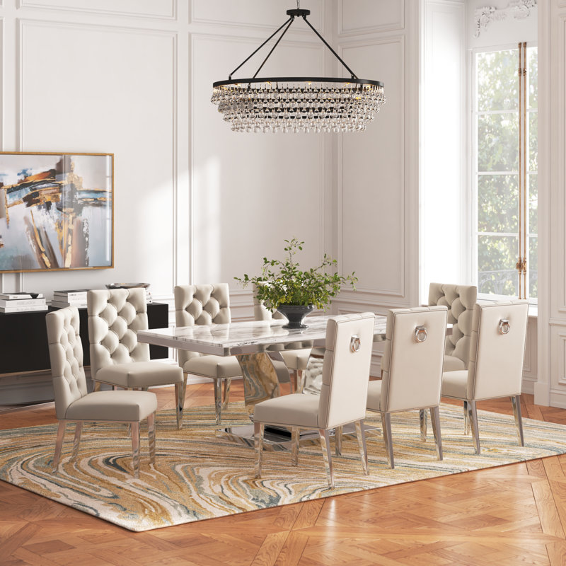 Bernadette 8 - Person Marble Top Pedestal Dining Set, Cream